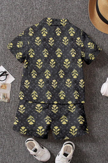 Boys Black Cotton Blend Printed Shirt With Short Pant Set