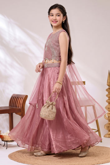Girls Light Pink Silk Blend Sequin Bead Work Crop Top and Palazzo With Dupatta Set For Stylish Look