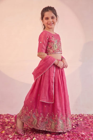 Girls Pink Silk Blend Floral Embroidered Lehenga and Choli with Silk Dupatta For Three Piece Lehenga Set
