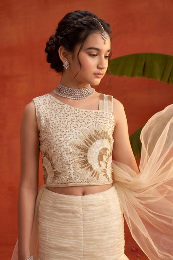 Girls White Silk Blend Fish Cut Lehenga With Bead Embroidered Sleeveless Choli with Dupatta