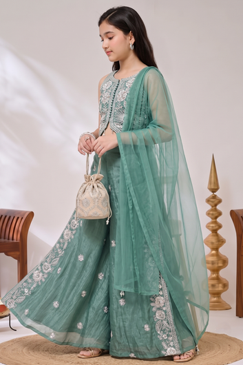 Girls Olive Silk Blend Sequin Bead Work Crop Top and Palazzo With Dupatta Set For Girls
