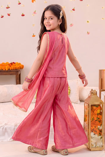 Girls Pink Silk Blend Floral Embroidery Top and Palazzo With Dupatta For Festive Wear