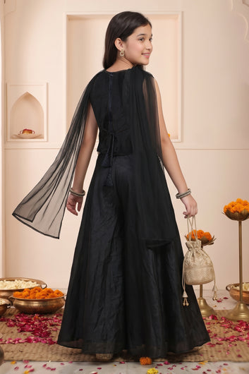 Girls Black Silk Blend Sequin Embroidered Crop Top and Palazzo with Dupatta Set For Traditional Wear