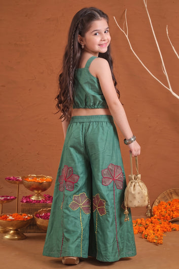 Girls Olive Silk Blend Embroidered Crop Top and Palazzo Ethnic Outfit Set