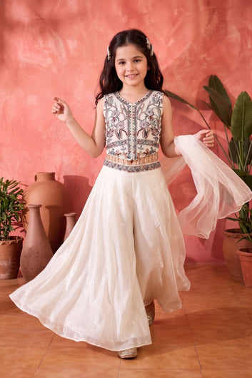  Baby White Silk Blend Crop Top and Palazzo with Dupatta Embroidered Three Piece Ethnic Festive & Party Wear