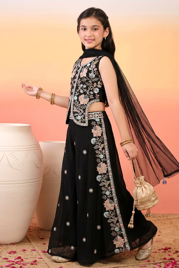 Girls Black Silk Blend Floral Sequin Embroidered Crop Top and Palazzo With Dupatta Set For Ethnic Look