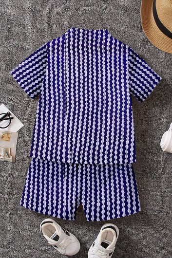 Boys Blue Cotton Blend Printed Shirt With Short Pant Set