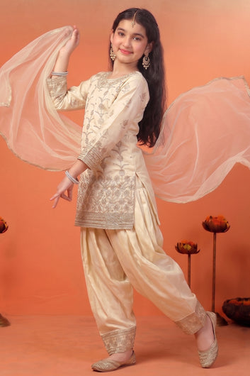 Girls Chikoo Silk Blend Embroidered Kurta Salwar with Dupatta Traditional Outfit