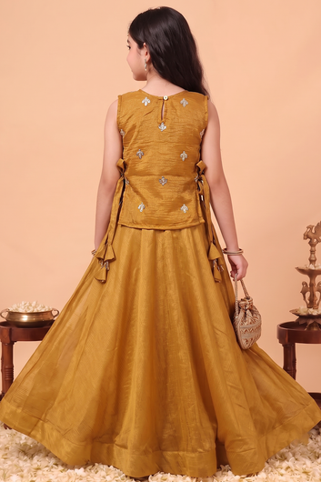 Girl's Brown Silk Blend Embroidered Sleeveless Top Style Choli with Side Knot and Flared Lehenga For Traditional Look