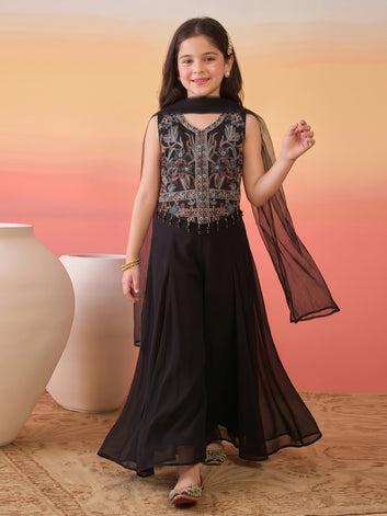 Girls Black Silk Blend Embroidered Crop Top and Palazzo with Dupatta Set For Festive Wear