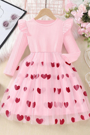 Girls Pink Rib Gathered Solid Fit And Flare Knee Length Dress