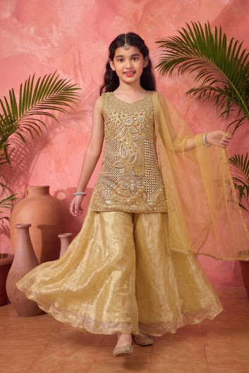 Girls Chikoo Silk Blend Silk Blend Mirror Embroidered Kurata and Palazzo With Dupatta For Celebration Wear