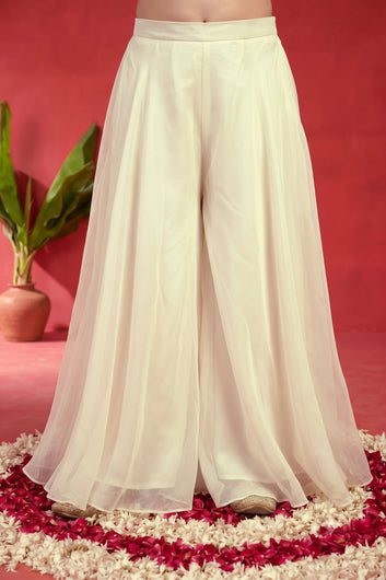 Girls Off White Silk Blend Bead Work Embroidered Crop Top And Palazzo with Inner Top & Dupatta Set For Traditional Look