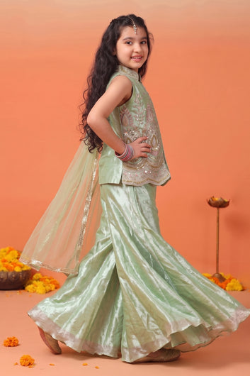 Girls pista Silk Blend Bead work and Embroidered Top and Palazzo with Dupatta Ethnic Set