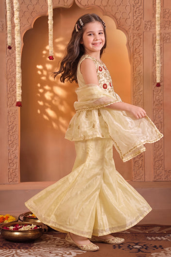 Girls Off white Embroidered Kurta and Palazzo With Dupatta Set For Ethnic Wear