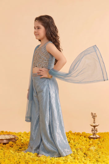Baby Blue Silk Blend Embroidered Scalloped Hem Top and Flared Palazzo with Dupatta Set