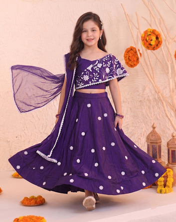 Girls Voilet Silk Blend Floral Embroidered Lehenga and Choli With Dupatta Ethnic Set For Festive Look