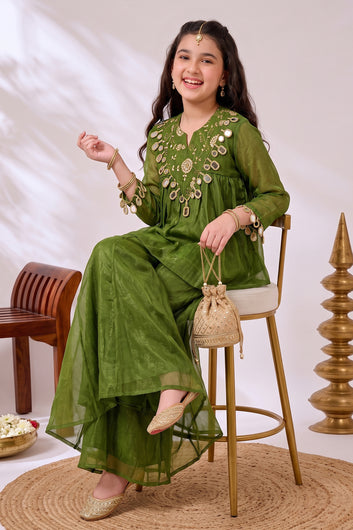 Girls Green Silk Blend Floral Embroidered Top and Palazzo For Stylish Look