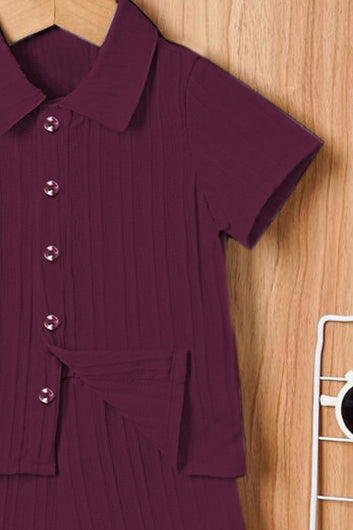 Boys Dark Purple Cotton Blend Striped Printed Shirt With Short Pant Set