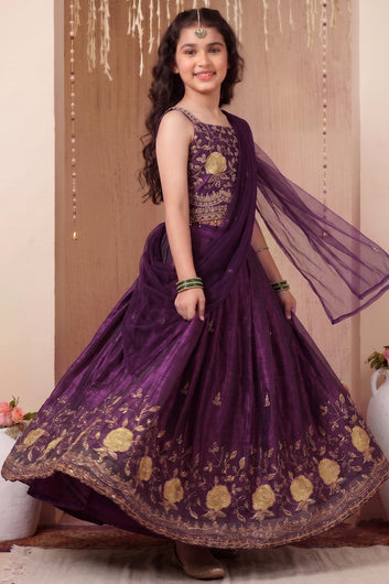 Girls Purple Silk Blend Embroidered Lehenga and Choli with Net Dupatta Kids Festive Wear