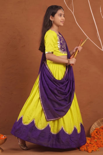 Girls Yellow Silk Blend Floral Embroidered Lehenga Choli With Dupatta Set for festive look