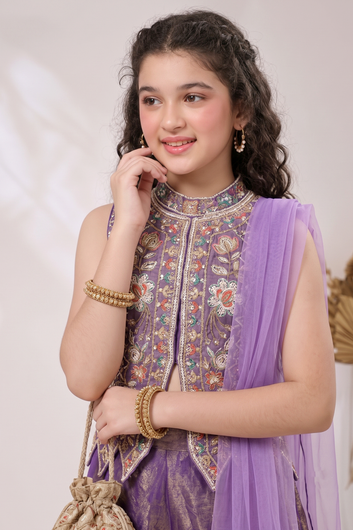 Girls Purple Silk Blend Top And Palazzo With Dupatta Set For Ethnic Wear