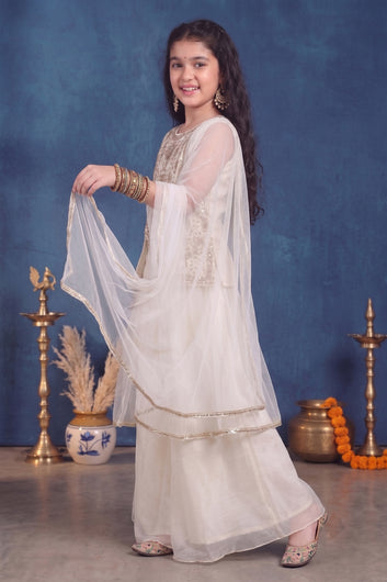 Girls White Silk Blend Embroidered Top and Palazzo With Dupatta Ethnic Set