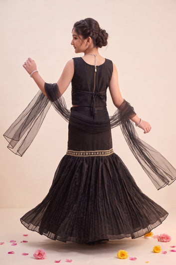 Girls Black Silk Blend Bead Embroidery Lehenga Choli With Dupatta Ethnic Set