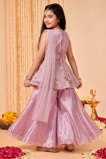 Girls Lavender Silk Blend Ethnic Wear Palazzo Set with Sequin Bead Embroidery Work - Peplum Kurta, Flared Palazzo & Dupatta