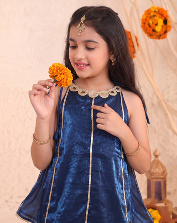 Girls Dark Blue Embroidered Top and Palazzo With Dupatta Set Ethnic outfit for girls