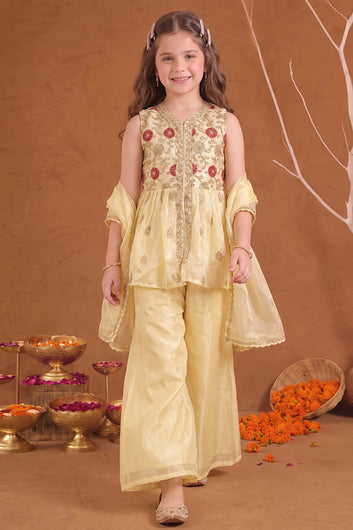 Girls Off white Embroidered Kurta and Palazzo With Dupatta Set For Ethnic Wear