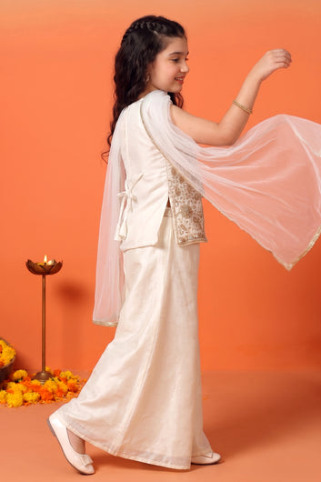 Girls White Silk Blend Embroidered Top and Palazzo With Dupatta Ethnic Set