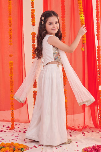 Baby Off-White Silk Blend Sequin Embroidered Crop Top and Palazzo Set with Net Dupatta For Party Wear Ethnic Outfit