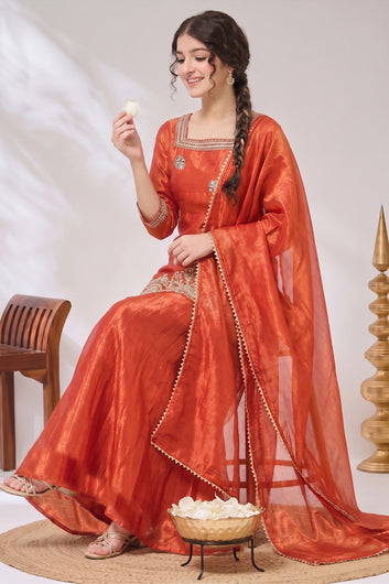 Girls Rust Embroidered Kurta and Palazzo With Dupatta For Festive wear