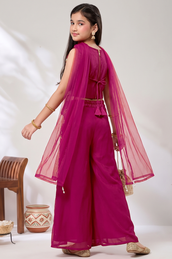 Girls Rani Silk Blend Floral Sequin Embroidered Crop Top and Palazzo With Dupatta Set For Ethnic Look