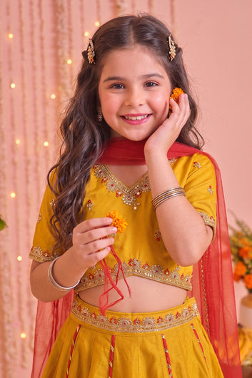 Girls Mustard Roman Silk Embroidered Lehenga Choli With Dupatta Set Traditional 3-Piece Festive Outfit for Kids