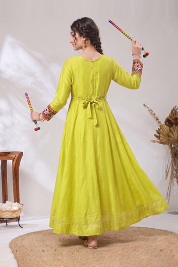 Girls Lemon Silk Blend Floral Embroidered Fit and Flare Dress For Traditional Look