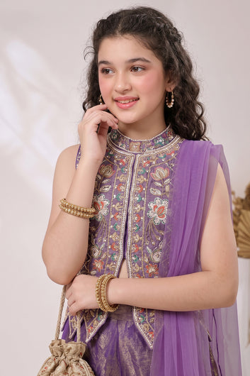 Girls Purple Silk Blend Top And Palazzo With Dupatta Set For Ethnic Wear