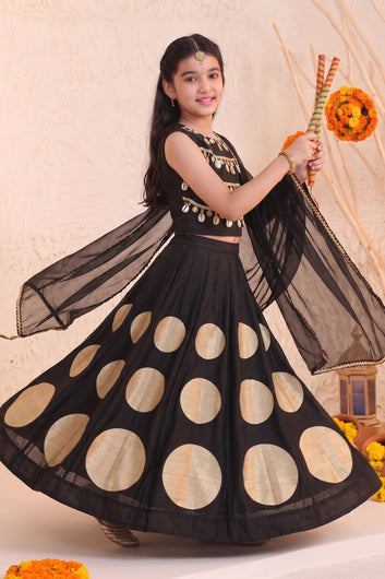 Girls Black Silk Blend Embellished Lehenga and Choli With Dupatta For Festive Wear