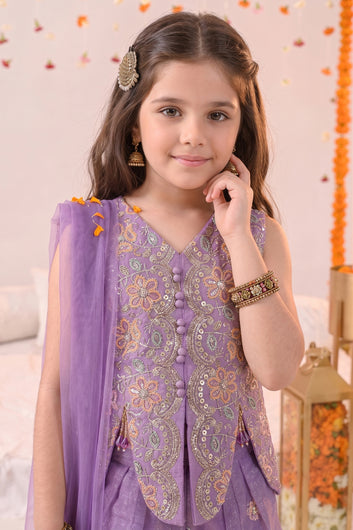 Girls Purple Silk Blend Embroidered Top and Palazzo With Dupatta Fusion Party Wear