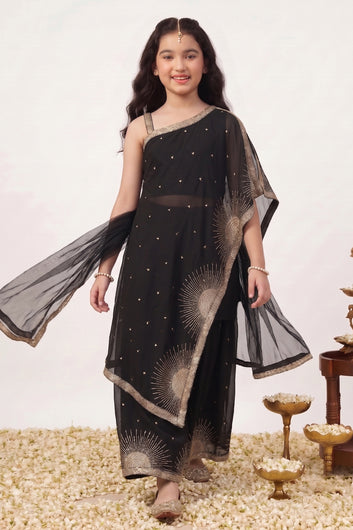 Girls Black Silk Blend Ethnic Motifs Kurta and Palazzo With Dupatta For Asymmetrical Cape-Style kurta Set
