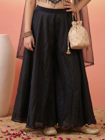 Girls Black Silk Blend Sequin Bead Work Embroidered Crop Top and Palazzo With Inner Top & Dupatta Set For Festive Wear