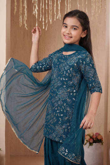 Girls Rama Silk Blend Sequin Embroidered Salwar Suit Set With Dupatta Trendy Kurta Set For Kids