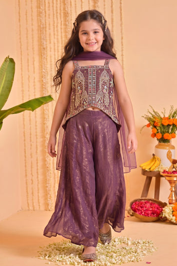Baby Lavender Silk Blend Bead Embroidery Work High Low Style Kurta and Palazzo and Net Dupatta Girls Ethnic Wear