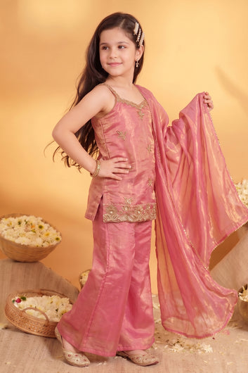 Girls Pink Silk Blend Embroidered Kurta and Palazzo with Dupatta For Trendy look