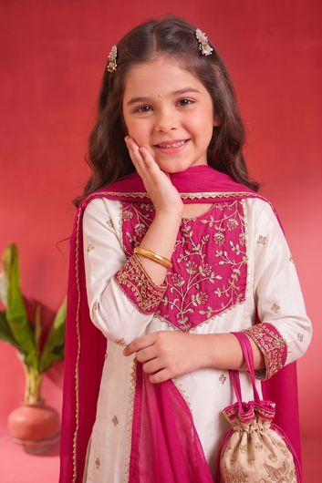 Girls Off White Roman Silk Embroidered Kurta Palazzo Dupatta Girls Ethnic Festive Wear Co Ord Set