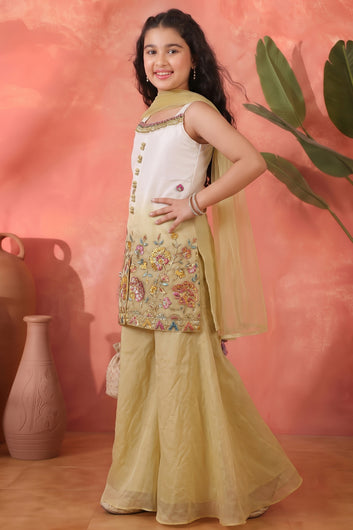 Girls White Silk Blend Sequin Embroidered Kurta and Palazzo with Inner Top, Dupatta Set For Festive Wear