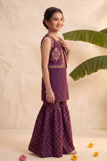 Girls Purple Silk Blend Kurta and Sharara With Koti For Traditional Look