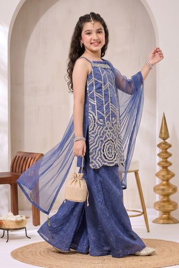 Girls Navy Blue Silk Blend Sequin Cut Work Embroidered Kurta, Flared Palazzo And Top Inner With Dupatta Set For Festival Outfit