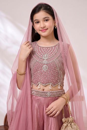Girls Light Pink Silk Blend Sequin Bead Work Crop Top and Palazzo With Dupatta Set For Stylish Look